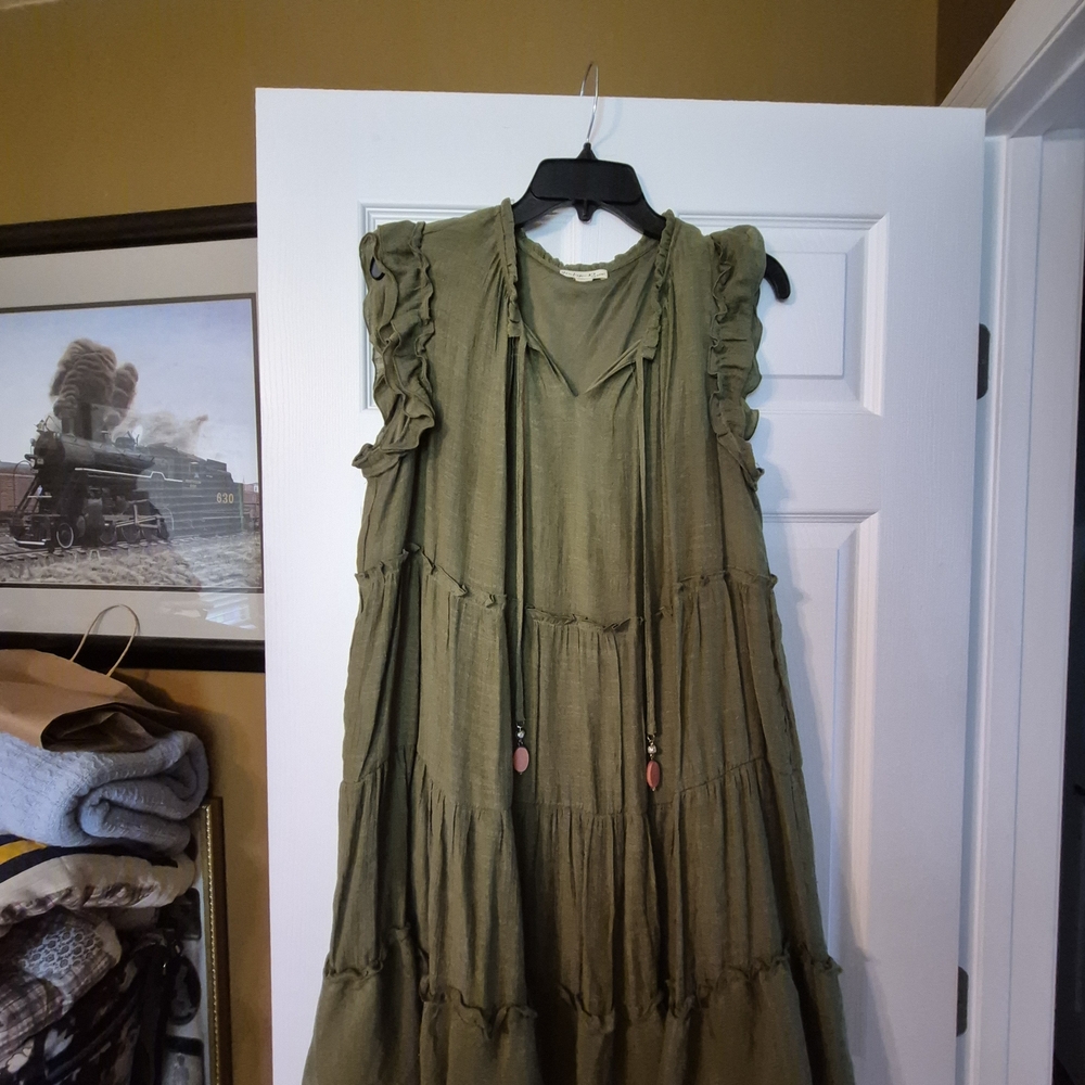 Olive Green Ruffle Sleeveless Dress
